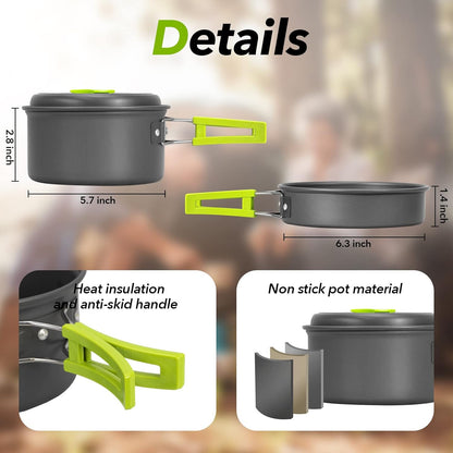Mess Kit,Non-Stick Pot, pan Set with Fork, knife, spoon and spatula