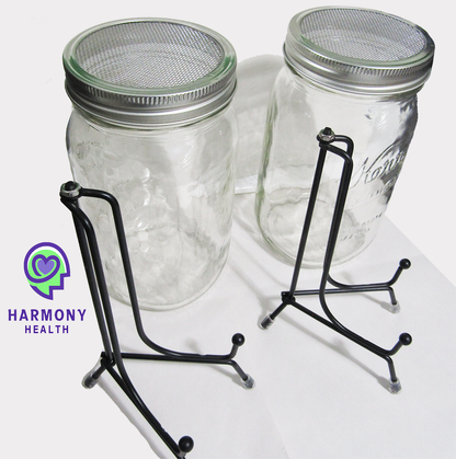 2 Glass Sprouting / Germinating mason Jar mesh lid system w/ carriage holder